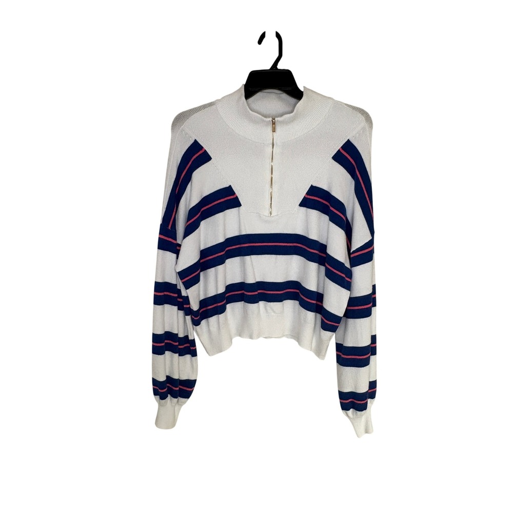 Draper James XXL Striped Quarter Zip Sweater White Navy Pink Nautical Preppy
